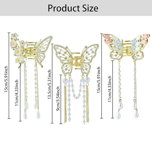 3PCS Butterfly Hair Claw Clip With Pearl and Rhinestone Tassel, Metal Small Hair Clips, Cute Hair Styling Accessories for Women and Girls, Gold