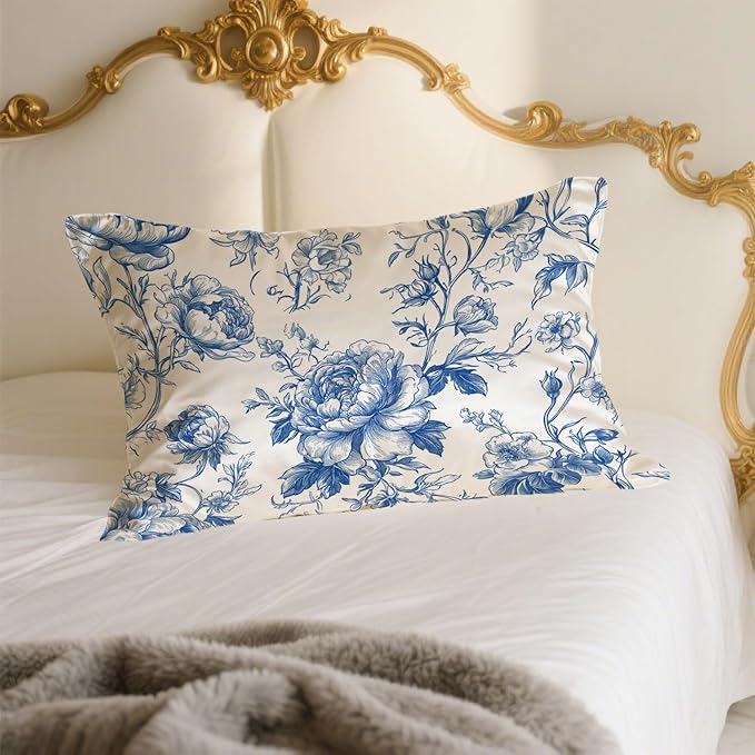 Silk Pillow Case for Hair and Skin Vintage Blue and White Floral Standard Size Silk Pillow Case with Zipper Super Soft Pillow Covers for Women Bed Sleeping, 20x26 Inches
