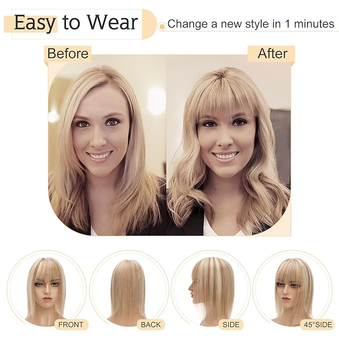 SEGO Hair Toppers for Women Real Human Hair With Bangs, 7 * 13CM Silk Base 100% Remy Human Hair Clip in Top Wiglet Hairpieces Add Volume -14 Inch Golden Brown&Bleach Blonde