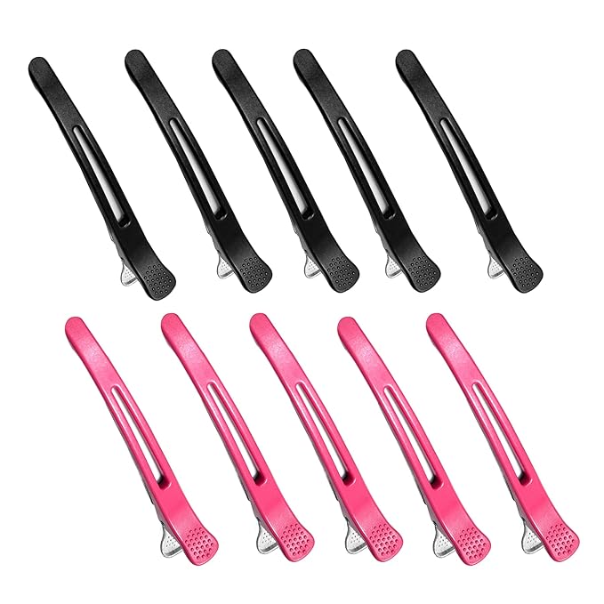 10 pcs Professional Hair Clips for Styling Sectioning - Sectioning Hair Clips for Styling, No-Crease Silicone Band& Anti-Slip Grip, Cutting Clips for Blowouts, Curling, Coloring （Black+Rose Red）