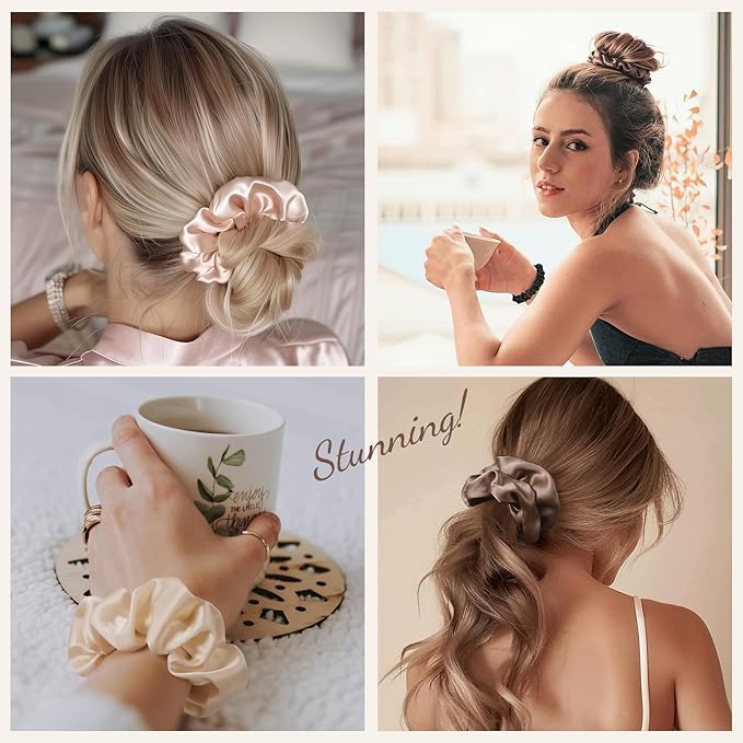 LULUSILK Silk Scrunchies for Hair Sleep, 100% Real Mulberry Silk, No Damage Hair Ties for Women and Girls, Black White and Lotus Pink, Pack of 3