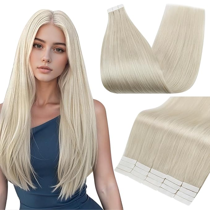 Full Shine Human Hair Tape in Extensions Color 1000A Blonde 20 Inch Remy Seamless Skin Weft Blonde Tape in Hair Extensions Human Hair 50 Grams Fashion Straight Invisible Natural 20PCS Add Length