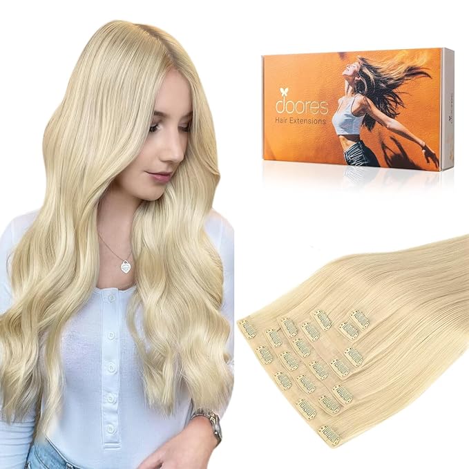 DOORES Seamless Clip-in Hair Extensions, Blonde 16 Inch 7pcs 110g, Remy Clip-in Extensions with Thin Weft Straight Remy, Thick Hair, Invisi Edge