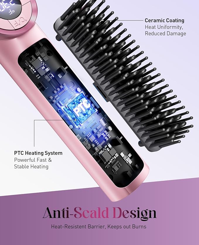 Hair Straightener Brush for Women: Negative Ionic 3-in-1 Curling & Straightening Brush, Ceramic Hot Comb with 15 Temps for Hair Styling, Pink