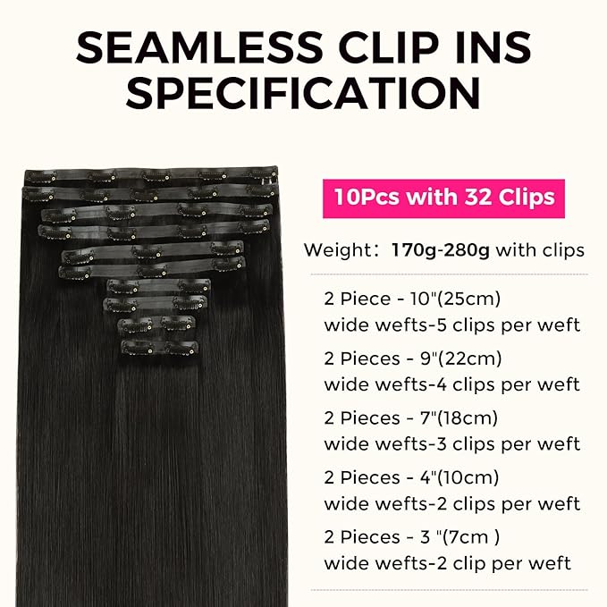 Lashey Seamless Clip in Hair Extensions Real Human Hair Invisi Edge 10pcs 190g 16 Inch Thick Straight Clip in Hair Extensions with PU Weft Natural Black for Women Full Pack