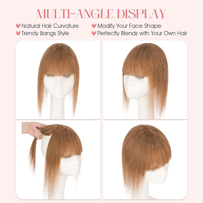 Hairro Mono Hair Toppers with Bangs, 3.4" x 3.4" Mono Base 100% Real Human Hairpieces for Women, 150% Density Clips In Topper for Greyish Thinning Hair, 14 Inch Blondish Brown