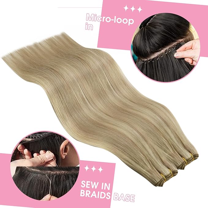 YoungSee Human Hair Sew in Extensions Blonde Highlight Hair Extensions Sew in Dark Ash Blonde Highlighted Light Blonde Weft Hair Extensions Human Hair Highlight Remy Hair 22Inch 100G