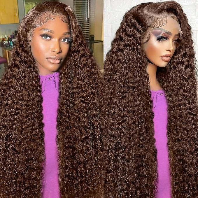 32 Inch Chocolate Brown Deep Wave Lace Front Wigs Human Hair Pre Plucked 200% Density 13x6 HD Lace Frontal Wigs with Baby Hair Deep Curly Wet and Wavy Glueless Wigs for Women (4# Brown, 32 Inch)