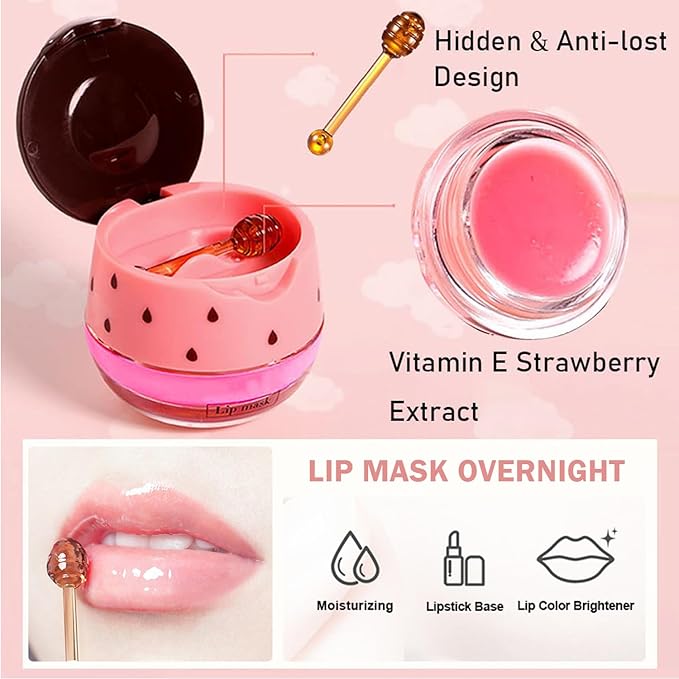 4 PCS Bee Lip Balm Lip Mask Honey Pot,Honey&Strawberry&Watermelon&Apple Lime Lip Sleeping Mask,Moisturizing Lip Mask Overnight Prevention Dry and Cracked Lip Scrubs Exfoliator Lip Care