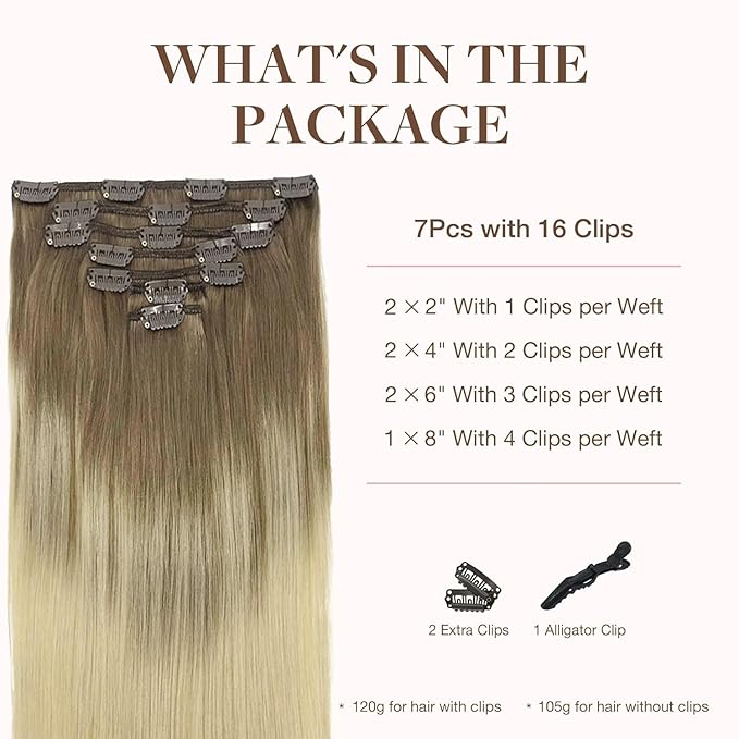 GOO GOO Clip in Hair Extensions Real Human Hair, Remy Human Hair Extensions Clip ins for Women, Natural Human Hair, 14inch 120g 7Pcs, 9/60 Balayage Ash Brown to Platinum Blonde