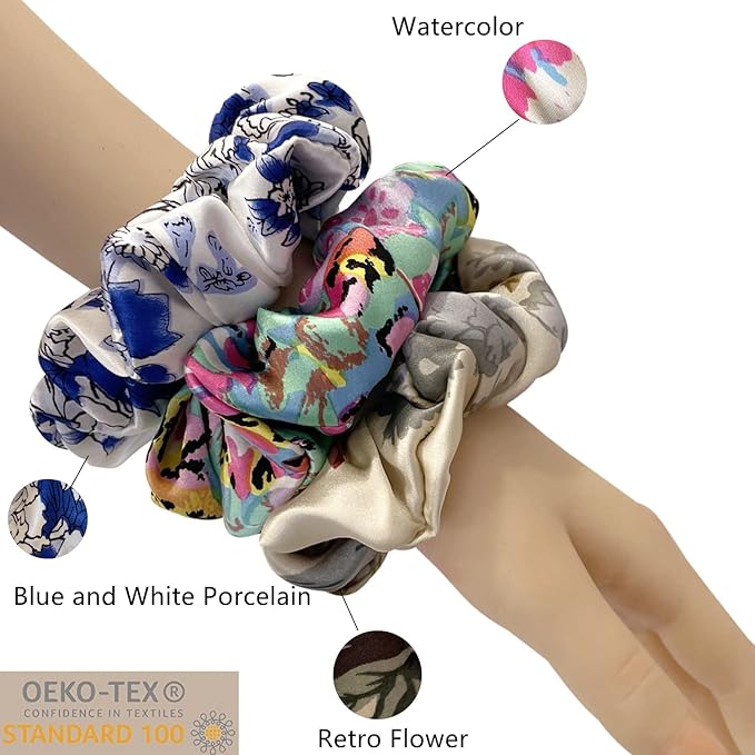 Suncdelv Silk,100% Silk Scrunchies for Hair,22 Momme Hair Ties for Anti-Crease & Breakage,Natural Women Hair Accessories，Fashion Hairbands 3PCS （watercolour）