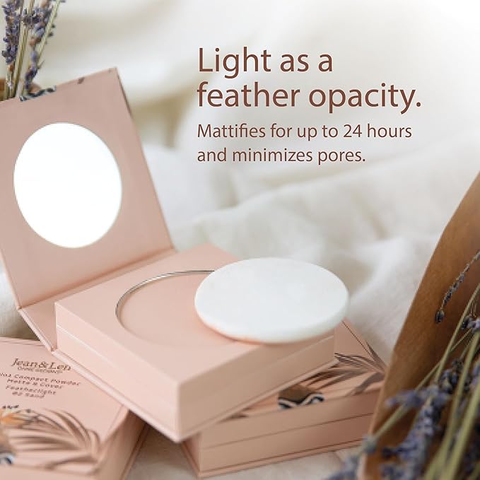 Pure 2in1 Compact Powder Feather Light 02 Sand by Jean&Len, for a flawless transition and natural look, lasts 24 hours, with organic ingredients, vegan