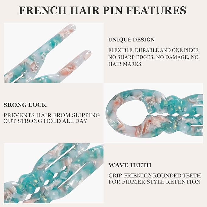 Sunolga 4pcs Prestige French Hair Pins for Women, 4.38" Large, Serrated Anti-Slip Design, Curved Shape for Better Head Fit, Coquette Elegant Hair Accessories for Updos, Chignon, Bun Hairstyles