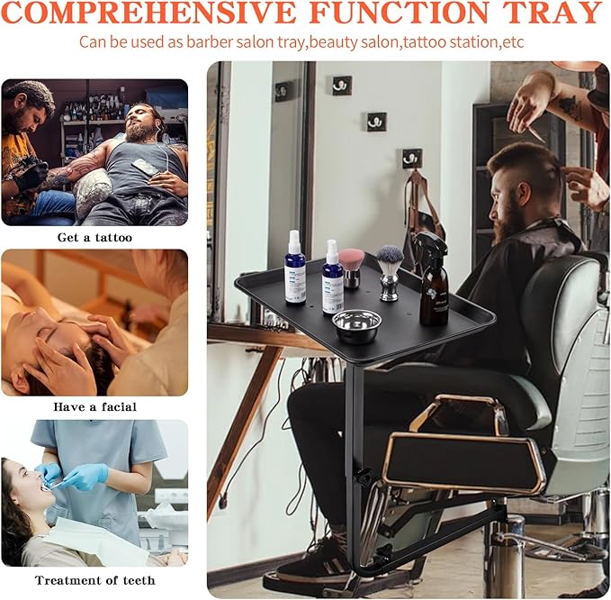 Modern Salon Chair Tray, 360 Rotatable Metal, Black, Depth: 17.7 inches, Width: 28.3 inches, Height: 23.6 inches, Adjustable Height, Foldable Arm Rest, Hair Styling, Beauty Services