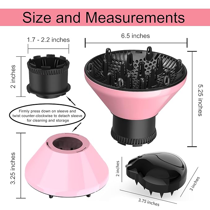 Universal Hair Diffuser Adaptable Hair Dryer Attachment for Blow Dryer Nozzles from 1.7 to 2.2 inch Diameter (Pink with Shampoo Brush)