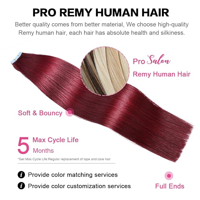 SUYYA Tape in Hair Extensions Human Hair Burgundy 28 Inch 60g/pack 20pcs Straight Seamless Skin Weft Tape in Real Human Hair Extensions Win Red(28inch #Burgundy)