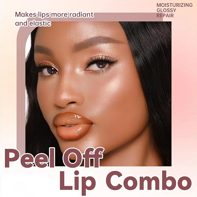 Nude Peel Off Lip Liner Stain Tattoo with Light Nude Lip Gloss Glow Oil, Non-Stick Cup High Shine Lip Combo Waterproof Long Wear Lightweight Glossy Lipstick Makeup