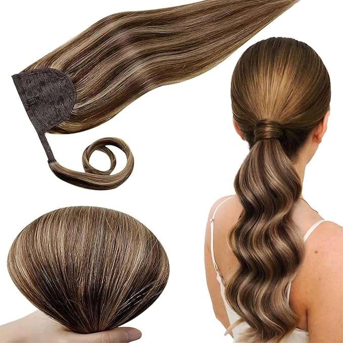 RUNATURE Ponytail Extension Real Human Hair, 12 Inch 70g Short Human Hair Ponytail, Soft Remy Real Hairpiece for Women, Can Be Styled, Easy to Install, #3P12 Brown Highlight Honey Blonde