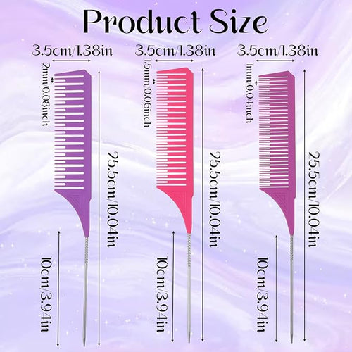 3Pcs Highlighting Comb Professional Hair Dye Combs 3 Sizes Highlight Comb Weaving Combs with Long Stainless Steel Rat Tail for Home and Salon(Purple, Magenta, Purple)