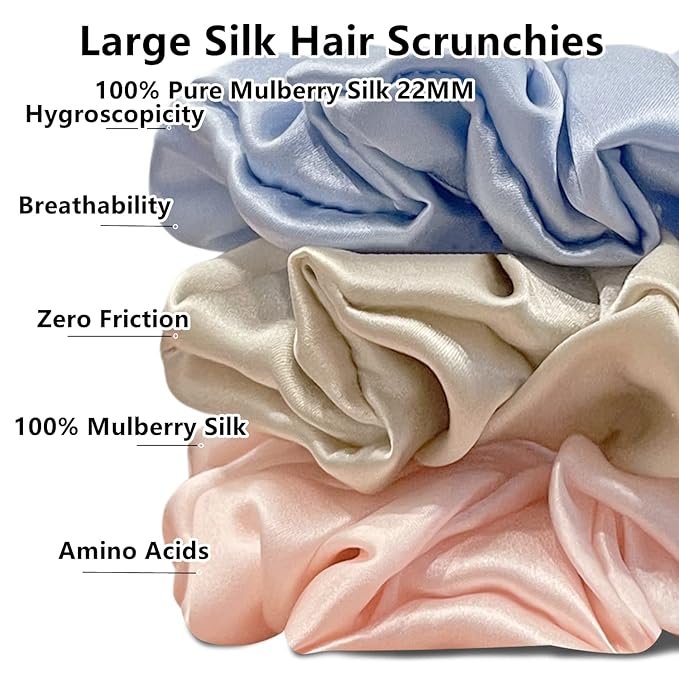 Suncdelv Silk,100% Silk Scrunchies for Hair,22 Momme Hair Ties for Anti-Crease & Breakage,Natural Women Hair Accessories，Fashion Hairbands 3PCS(Pink,Blue,Khaki）