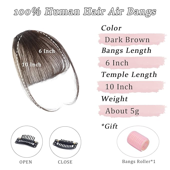 Clip in Bangs Real Human Hair Dark Brown Wispy Bangs Fake Bangs with Fringe Clip on Bangs Curved Bangs Hairpieces for Women Daily Wear