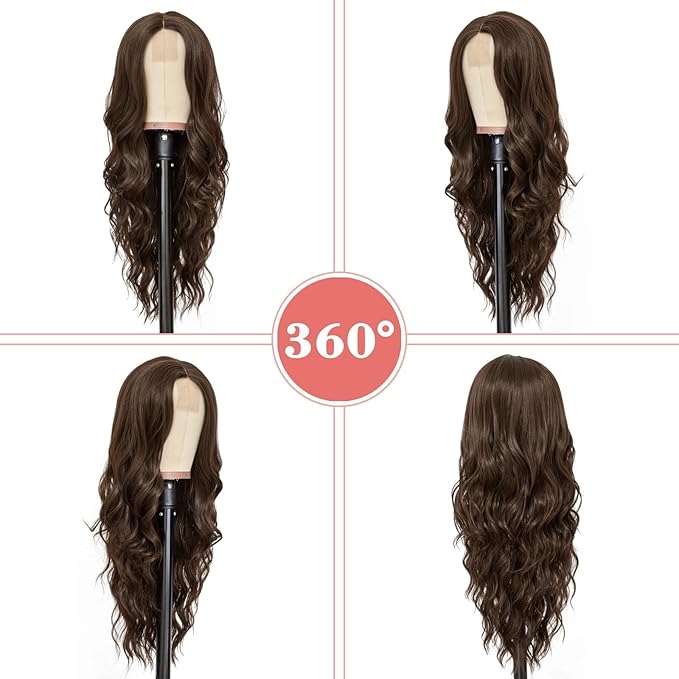 NAYOO Long Dark Brown Wavy Wig for Women 26 Inch Middle Part Curly Wavy Wig Natural Looking Synthetic Heat Resistant Fiber for Daily Party Use(26 Inch Dark Brown)