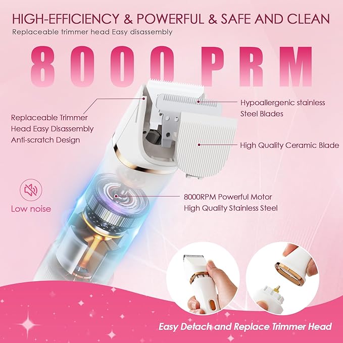 Bikini Trimmer for Women - 5 in 1 Electric Razors for Lady Pubic Facial Nose Body Leg Hair Removal, Waterproof Electric Shaver for Women Private Area Sensitive Skin, Personal Hair Trimmer