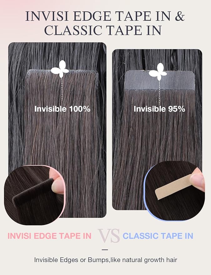 DOORES Injected Tape in Hair Extensions Real Human Hair Invisi Edge, Dark Brown 10 Injection Tape-ins with 10 Classic Tape-ins 50g 20 Inch, Virgin Human Injection Tape in Extension