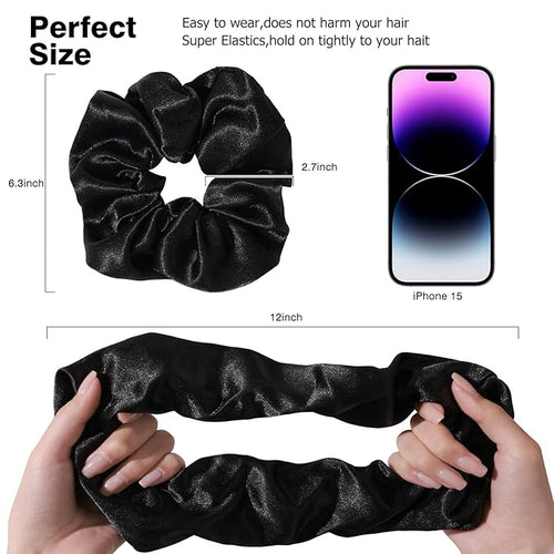 4PCS Black Satin Silk Scrunchies for Women, 6.3Inches Extra Large Hair Scrunchy Oversized Thick Elastic Hair Ties Hair Bands Ponytail Holders Jumbo Hair Scrunchies
