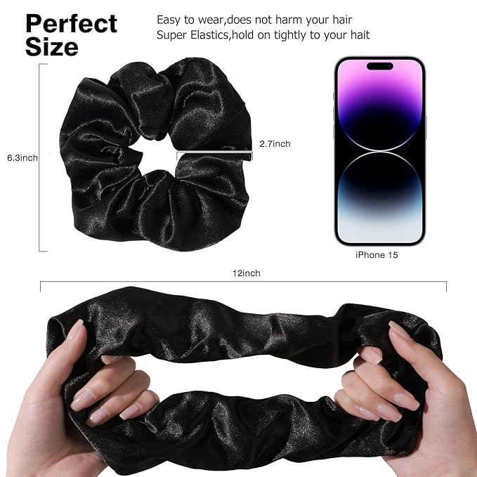 2PCS Extra Large Satin Scrunchies for Women Thick Hair - No Damage Hair Ties 6.3Inches Big Scrunchy Oversized Thick Elastic Hair Bands Ponytail Holders Jumbo Scrunchies (Black Silvergray)