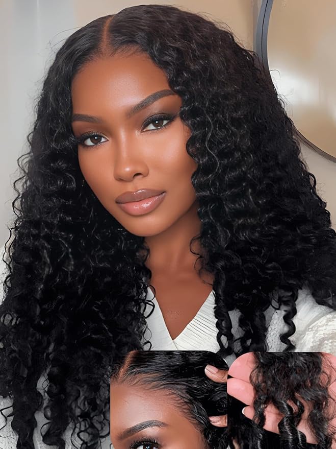 Julia Hair 7x5 Lace Water Curly Texture Wig With Finger Coil Ends Glueless Wigs Human Hair Put On and Go Invisible Lace Pre Plucked Pre Cut Bleached Knots Natural Hairline 16 Inch