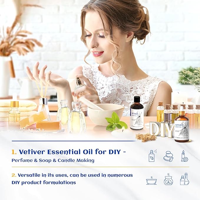 HIQILI 100ML Vetiver Essential Oil, 100% Pure Natural for Diffuser Calm and Relation- 3.38 Fl Oz