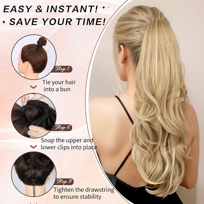 Blonde Ponytail Extension, Drawstring Ponytail Extension for Women 26 Inch Long Wavy Highlights Pony Tails Hair Extensions Synthetic Clip in Ponytail Hairpiece for Women(H24/88)