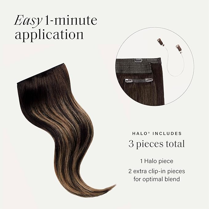Luxy 100% Remy Human Hair – Halo Clip-In Hair Extensions –Natural Looking Volume & Length - One-Piece - Easy 5-Min Application 180 grams 20" Dark Brown Balayage