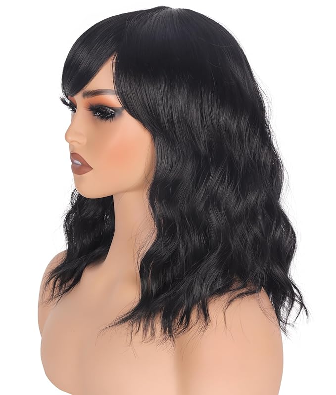 Shoulder Length Natural Black Wavy Bob Wigs For Women Short Wavy Wigs With Bangs Synthetic Wavy Wigs Heat Resistant Daily Use Wigs(Natural Black)