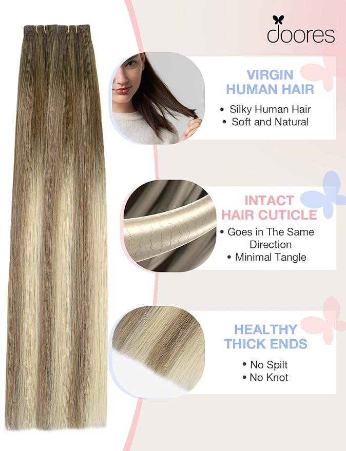 DOORES Invisi Edge Human Hair Extensions, Walnut Brown to Ash Brown & Bleach Blonde, 10 Injection Tape-ins, 50g, 14 Inch
