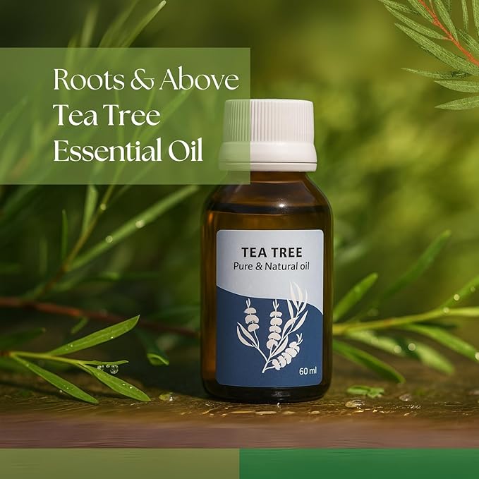 Roots & Above 60ml Pure Tea Tree Essential Oil – 99% Aroma Natural Cold-Pressed Oil for Skin, Face, Hair, Massage, Diffusers, Soap & Candle Making