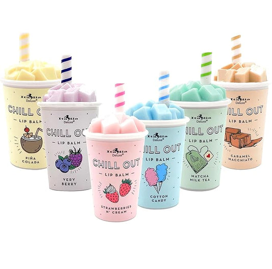 Chill Out Lip Balm 6 Piece Set - Caramel Macchiato, Pina Colada, Cotton Candy, Strawberries n' Cream, Very Berry, Matcha Milk Tea