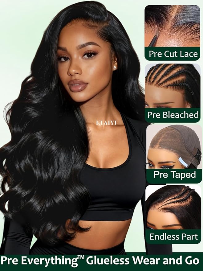 KLAIYI Loose Body Wave Pre Everything Glueless 13x4Lace Front Wig Human Hair Drawstring Precut Lace Pre Plucked Bleached Bye Bye Knots 3S Ready to Wear and Go Wig with Face Framing Curtain Bang 16Inch