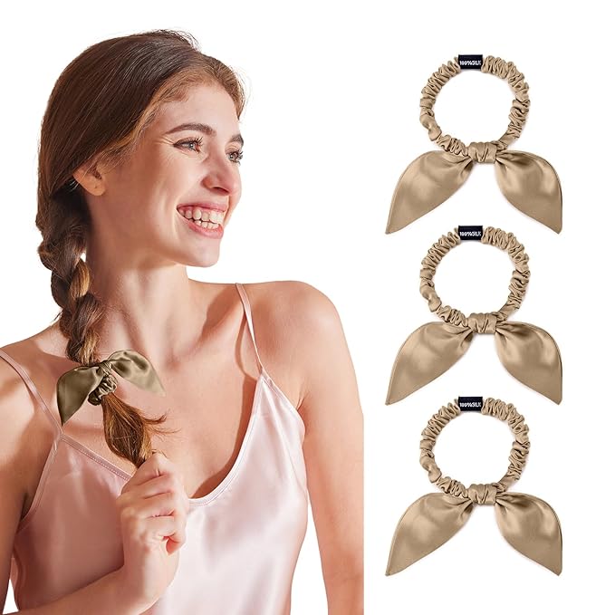 THXSILK 100% Mulberry Silk Bow Scrunchies 3-Pack, 22 Momme Mulberry Silk Hair Ties for Women, Cute Bunny Ear No Damage Ponytail Holders, Fashion Hair Accessories for Girls(S, Taupe)