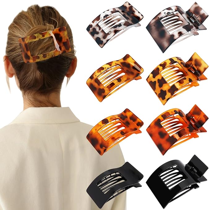 Velscrun Flat Hair Clips for Women Girls, 2 Styles 8 Pcs Lay Flat Claw Clips, Strong Hold French Duck Billed Large Side Hair Jaw Clip for All Hair Types, Non Slip Grip for Daily Styling Leopard