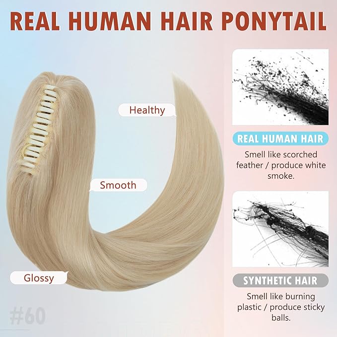 Hairro Clip On Ponytail Hair Extensions Jaw On Claw Clip Ponytails Real Hair Long Jaw/Claw Pony Tail With Clips Hairpieces For Women 16 Inch 105g #60 Platinum Blonde
