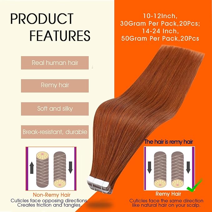 Full Shine Hair Extensions Human Hair Color 550 Copper Tape in Extensions Human Hair 24Inch Remy Seamless Extension 50Gram 20Pcs Natural Straight Skin Weft for Party Brazilian