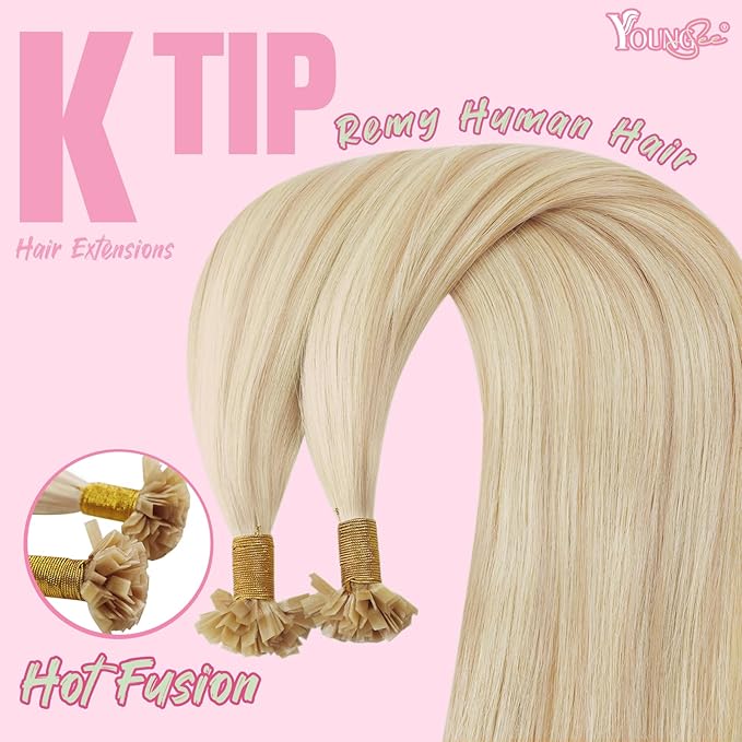 YoungSee Highlight K Tip Hair Extensions Human Hair Highlight Ash Blonde with Blonde K Tips Hair Extensions Highlight 20In 1G/S 50G