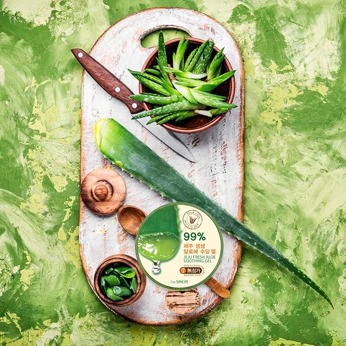 THESAEM Jeju Fresh Aloe Soothing Gel 10.1 fl. oz. - 99% Pure Aloe Vera Leaf Juice from Jeju Island - Multi-Purpose Moisturizing Gel for Face, Body & Hair - Cooling Relief for Irritation & Dry Skin