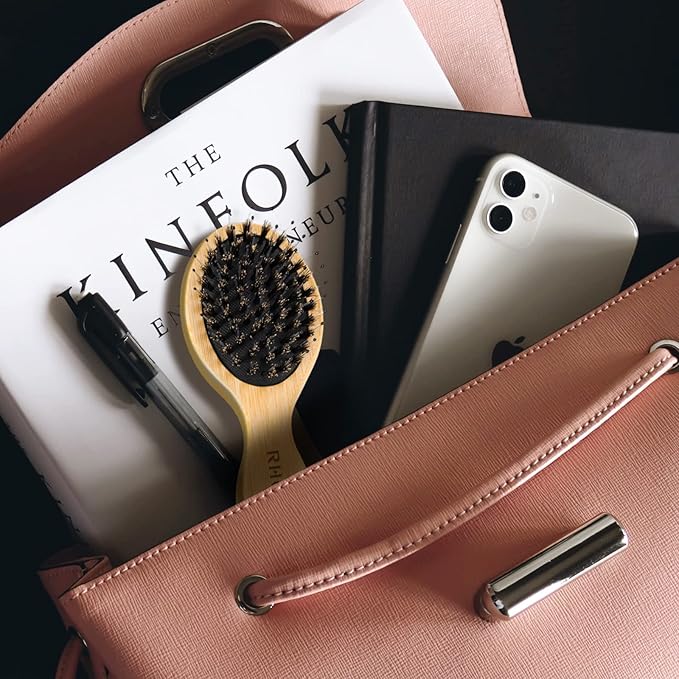 RHOS Mini Boar Bristle Hair brush for Women/Men/Kids-Small bamboo Paddle Brush for Smoothing/Detangling/Adding Shine-Travel Size bamboo Hair Brush for Pocket,Bag