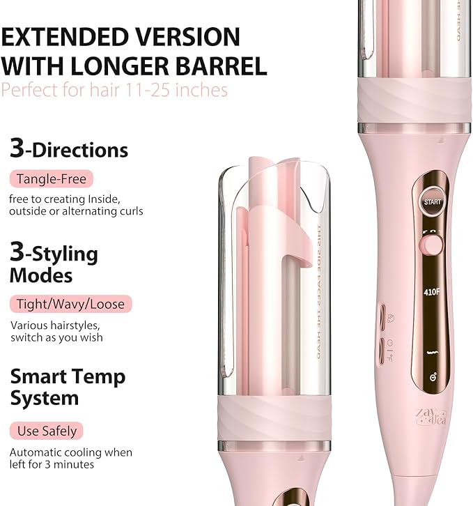 Zavarea Automatic Rotating Curling Iron for Long Hair - 1 Inch Curling Wand for Beach Waves & Loose Curls, Easy Hair Curler for Beginners, Anti-Scald & Frizz-Free, Dual Voltage for Travel