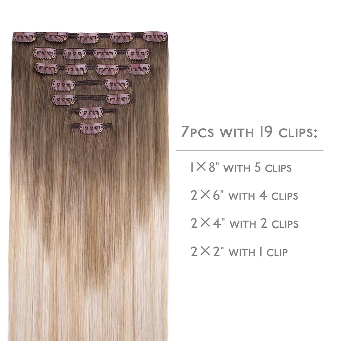 WENNALIFE Clip in Hair Extensions Real Human Hair, 22 Inch 120g 7pcs Balayage Sandy Brown to Platinum Blonde Remy Hair Natural Double Weft