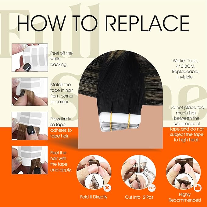 Full Shine Tape ins Human Hair Extensions Balayage Tape in Hair Extensions 16Inch Seamless Skin Weft Tapes Extension 20pcs 1B Black to 27 Honey Blonde with 1B Invisible Straight Full Head 50G