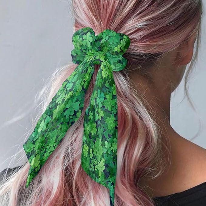Four Leaf Elastic Bow Hair Ties Women Black Green Ribbon Scrunchies with Long Tails St Patricks Day Scrunchies with Ribbon Trendy 2 Piece